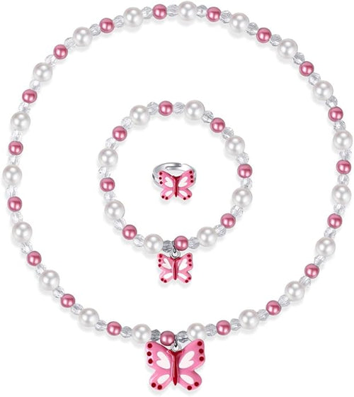 Butterfly Stretch Necklace Little Girl Toddler Necklace Bracelet Set, Little Princess Jewelry Kids Play Necklaces Butterfly Rings for Kids (B)