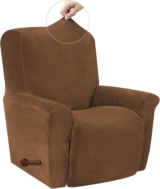WEERRW Velvet Recliner Chair Cover 1 Piece High Stretch Recliner Couch Cover, Washable Furniture Protector with Non Slip Elastic Bottom for Kids and Pets, Camel
