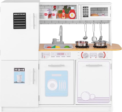 Costzon Play Kitchen for Kids, Wooden Toy Kitchen Set with Blackboard, Faucet, Sink, Oven, Microwave, Dishwasher, Accessories, Pretend Cooking Toy for Toddlers, Kids Kitchen Playset, Gift for Ages 3+