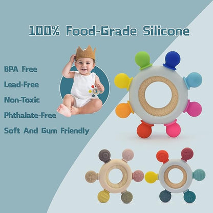 Baby Teething Toys Silicone Chewable Teethers BPA Free Silicone Rudder 0-24 Months (Beige,6 Directions)