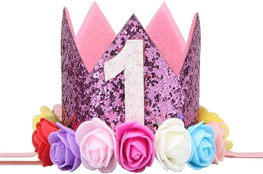 Baby's Rose Flowers Gold Sequins Birthday Crown Headband for Birthday