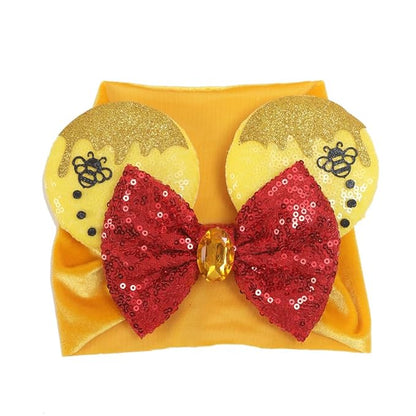 JIAHANG Baby Girl Mouse Ears Turban Headband with Bee, Yellow Sequin Bows Headwrap