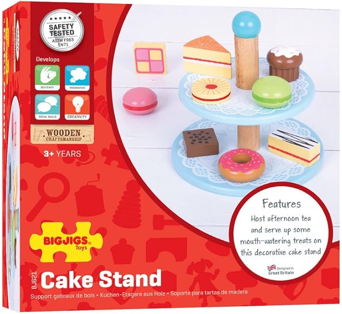 Bigjigs Toys Wooden Cake Stand with 9 Wooden Play Food Cakes - Quality Toy Food for Toddlers & Children, Perfect Kids Wooden Kitchen Accessories for Afternoon Tea Parties