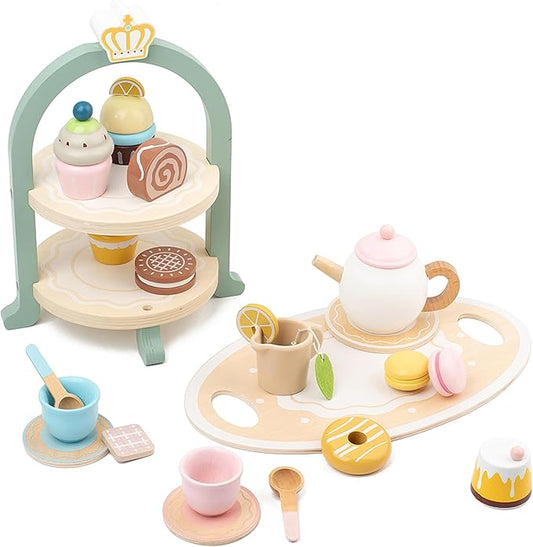Wooden Dessert Cake Tea Party Set for Little Girls Toys, Pretend Play Kids Tea Set for Toddlers Wood Toys, Wooden Play Food Kitchen Accessories Sets for Kids