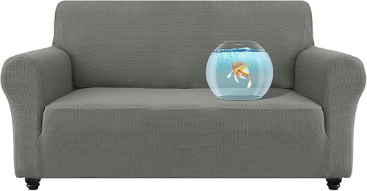 100% Waterproof Jacquard Fabric Couch Cover, Dual Layer with TPU Film, Leakproof High Elasticity Non-Slip Washable Furniture Protector for Pets, Dogs, Cats and Kids (Loveseat,Light Gray)