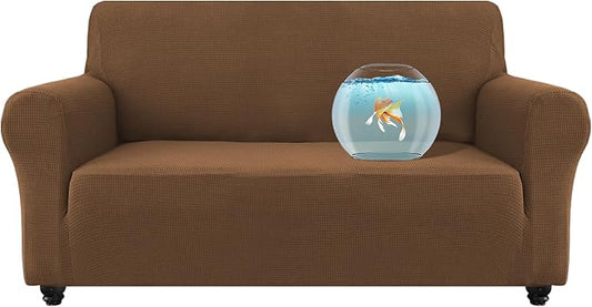100% Waterproof Jacquard Fabric Couch Cover, Dual Layer with TPU Film, Leakproof High Elasticity Non-Slip Washable Furniture Protector for Pets, Dogs, Cats and Kids (Loveseat,Light Coffee)