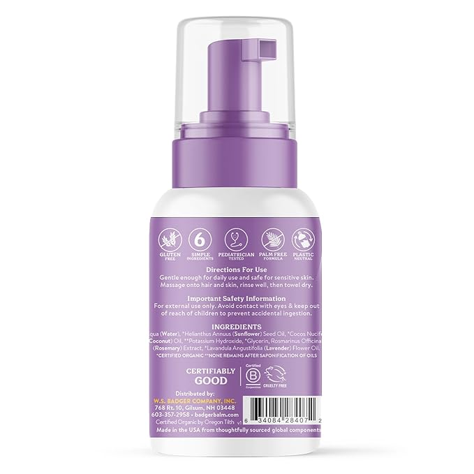 Badger Lavender Foaming Shampoo and Body Wash for Newborns and Toddlers, Organic and Gentle 10 fl