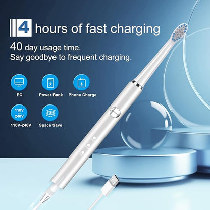Electric Toothbrush, with 8 Replacement Brush Heads and 1 Travel Box,Sonic Toothbrush for Adults and Kids,Portable Rechargeable Toothbrush for Travel (White)