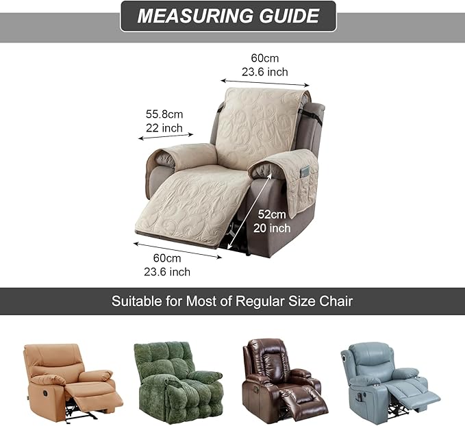 100% Waterproof Recliner Chair Cover, Recliner Chair Covers for Reclining Chair, Non-Slip Fabric Recliner Couch Cover for Living Room, for Pets Kids Protector, Washable (Beige, 23"Recliner Chair)