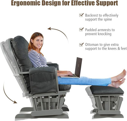 Costzon Nursery Glider with Ottoman, Upholstered Comfort Glider Rocker with Padded Cushion, Storage Pocket, Solid Wood Base, Rocking Chair Nursery for Breastfeeding, Maternity, Napping (Dark Gray)