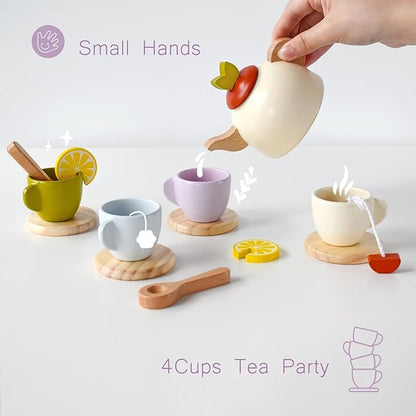 Wooden Toys Tea Party Set,Tea Set for Little Girls,Toddler Tea Set,Kids Play Kitchen Accessories,Play Food for Toddlers Boys Girls Ages 3+