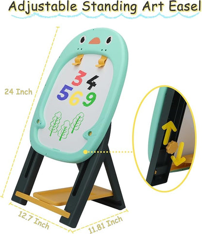 Table Easel for Kids, Double Sided Adjustable Tabletop Drawing Magnetic Easels with Graffiti and Board Game Accessories for Toddlers Boys and Girls (Blue)