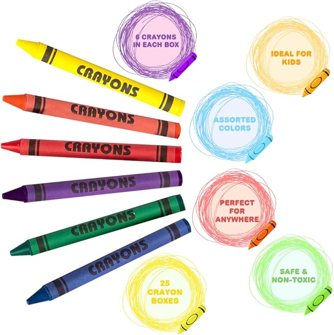 ArtCreativity Bulk Crayon Packs, 25 Sets of 6 Packs (150 count) Non-Toxic Crayons Bulk Individual Packs for Kids & Classroom Teachers, Stocking Stuffers, Crayons Party Favors for Toddlers 1-3+