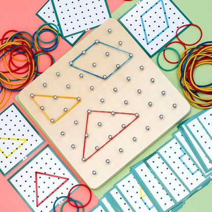 Wooden Geoboard - Montessori Toys for 3~6 Year Old Kids and Toddlers, Educational Toy with 24 Pattern Cards and 60 Rubber Bands to Create Figures, Brain Teaser STEM Toy Geo Board