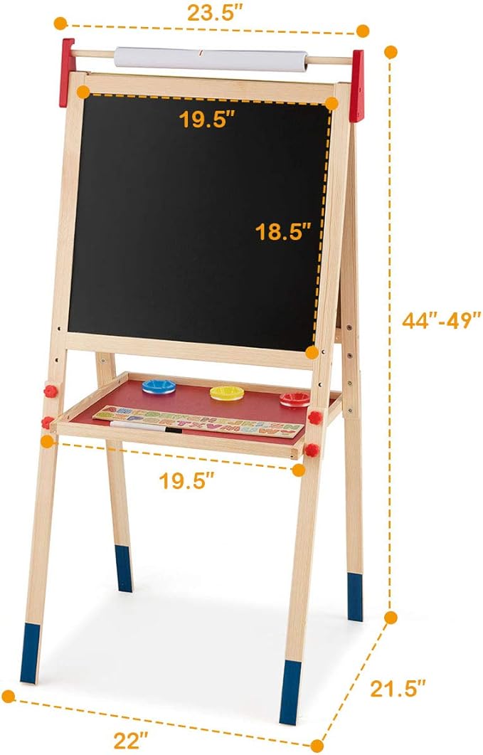 Costzon 3 in 1 Kids Art Easel with Paper Roll, Double Sided Dry Erase Chalkboard & Whiteboard, Height Adjustable Standing Easel with Storage, Painting Accessories, Magnetic Drawing Easel for Toddlers