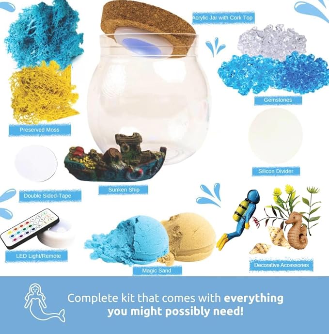 Under The Sea Light Up Terrarium Kit for Kids I Girls Toys Craft Kits for Kids I Night Light for Kids Crystal Growing Kit I Terrarium Jar for Kids I Birthday Gifts for Girls Age 5-12