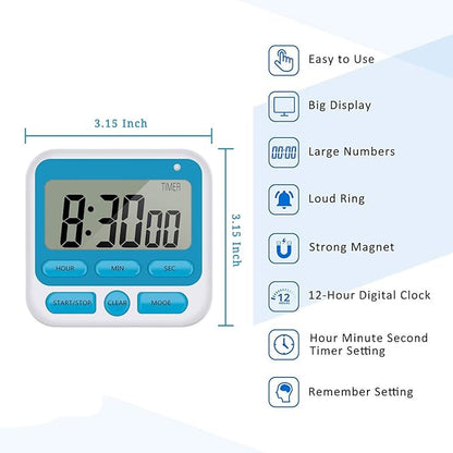 Upgraded Digital Kitchen Timer, ON/Off Switch, 12/24 Hour Clock and Silent Timers, Count Up & Count Down for Kids Teachers Cooking Games Office, Large LCD Display, Loud Alarm and Strong Magnet (Blue)