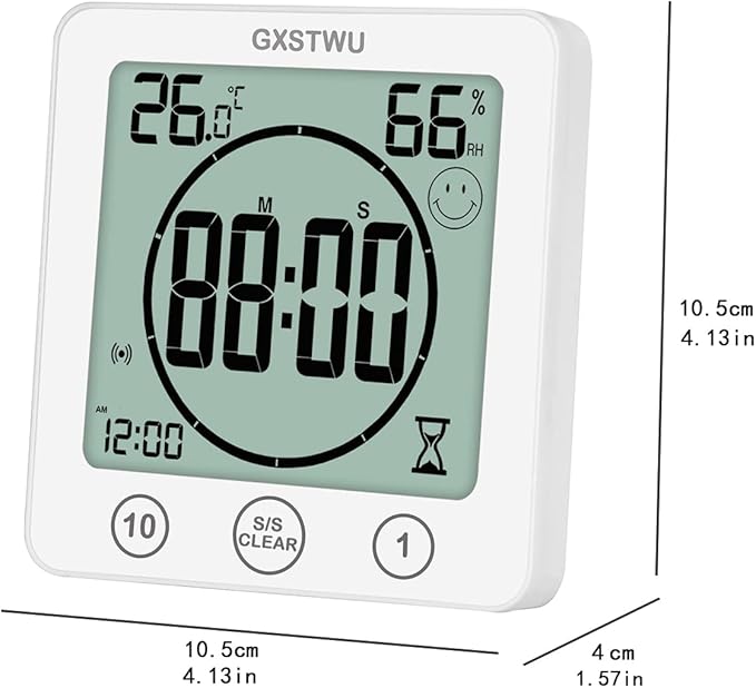 2Pcs Digital Shower Clock, Bathroom Timer Clock, Waterproof for Water Spray, Count Up Count Down Alarm, Touch Screen Timer, Temperature Humidity, Wall Clock Magnet, Suction Cup, Stand (2packs)