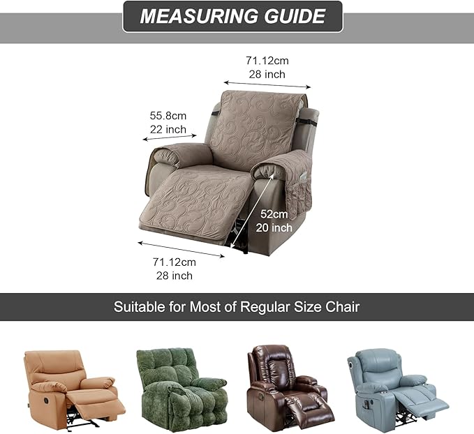 100% Waterproof Recliner Chair Cover, Recliner Chair Covers for Reclining Chair, Non-Slip Fabric Recliner Couch Cover for Living Room, for Pets Kids Protector, Washable (Taupe, 28"Recliner Chair)