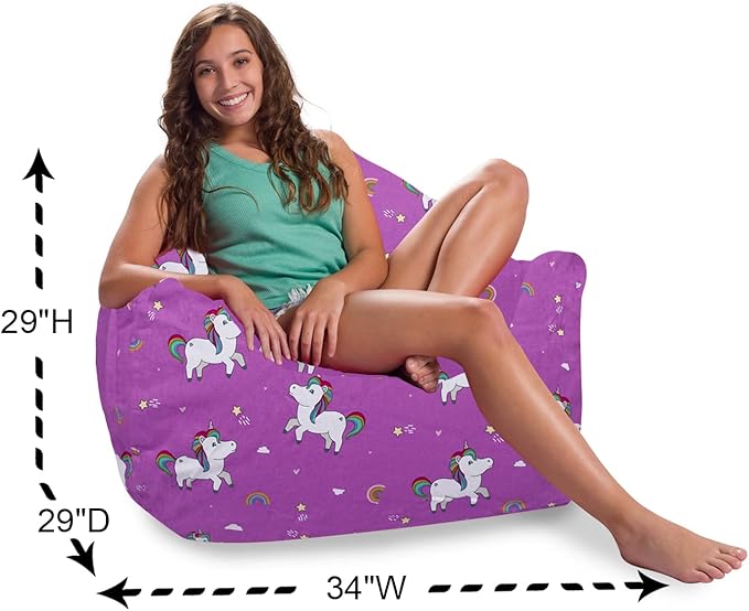 Posh Creations Bean Bag Chair Structured Seat for Kids, Teens and Adults, Comfy Bean Bag Chair for Gaming, Reading and Watching TV, Malibu Lounge Chair, Canvas - Unicorn and Rainbows on Purple