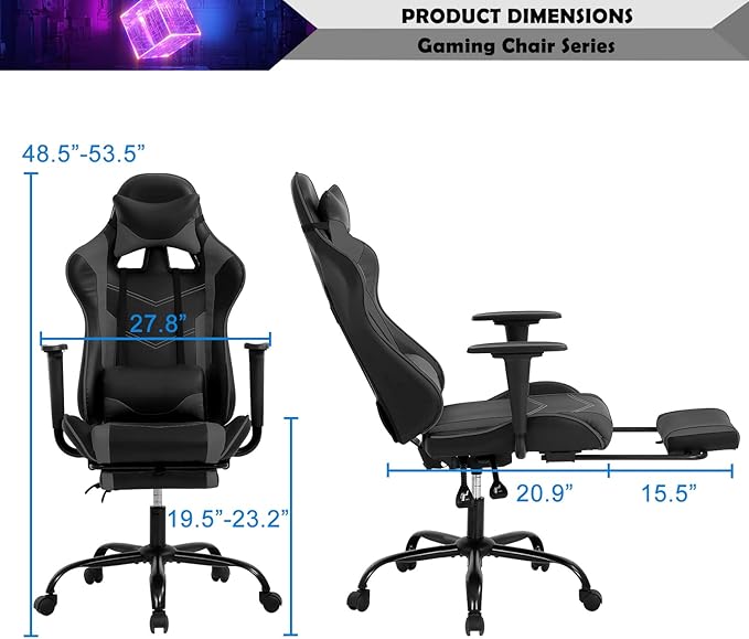PC Gaming Chair Computer Chair PU Leather Recliner with Lumbar Support Headrest,High Back Racing Office Chair Video Gaming Chair Rolling Swivel Task Chair for Kids or Adults,Grey