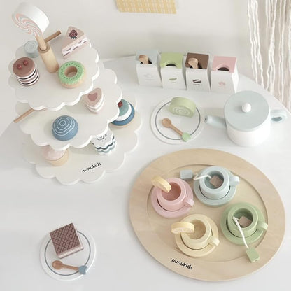 Wooden Tea Party Set for Little Girls Fake Food for Kids Kitchen 22pcs Cake Shop Toy