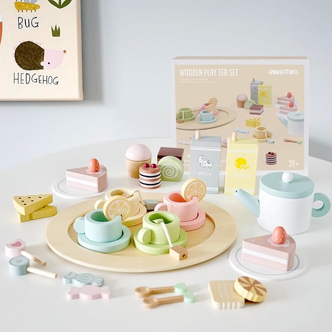 Wooden Tea Party Set for Little Girls, 30 PCS Wooden Tea Set for Toddlers 3-5, Pretend Play Kids Wood Tea Set Toy, Play Kitchen Accessories with Play Food, Improve Imagination