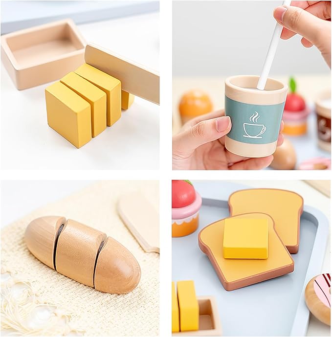 Wooden Toy Food Set, Kids Kitchen, Toy Food Set - Pretend Food Wooden Toys, Velcro Food Cuts, Toys for Kids Ages 3 and Up.