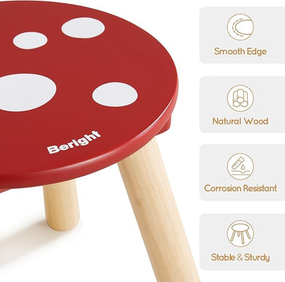 Beright Wooden Step Stool for Kids, Children's Stool Perfect Matched Sensory Table, 9 Inch Sturdy Sitting Stool with Assembled Four-Legged, Mushroom, 2 Pack