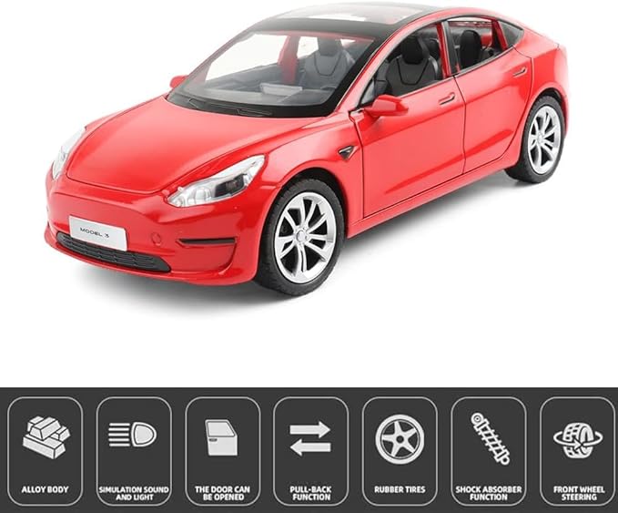 1:24 Scale Model 3 Alloy Car Model Diecast Toy Vehicles for Kids, Car Model Toy，Pull Back Alloy Car with Lights and Music Girls.(1:24 Model 3 -Red)