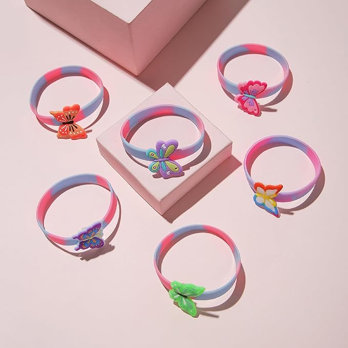 96 Pcs Butterfly Party Favors for Girls Fairy Birthday Party Supplies with Butterfly Silicone Bracelets, Slap Wristbands, Keychains, Tattoos Stickers and Stickers for Kids Decoration Gifts