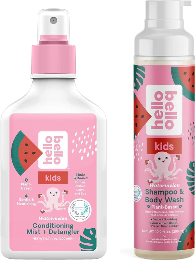 Hello Bello Watermelon Tear-Free Shampoo & Body Wash - 10 FL Oz + Conditioning Mist + Detangler, Hypoallergenic & Non-Greasy Leave-in Conditioning Spray 6.7oz