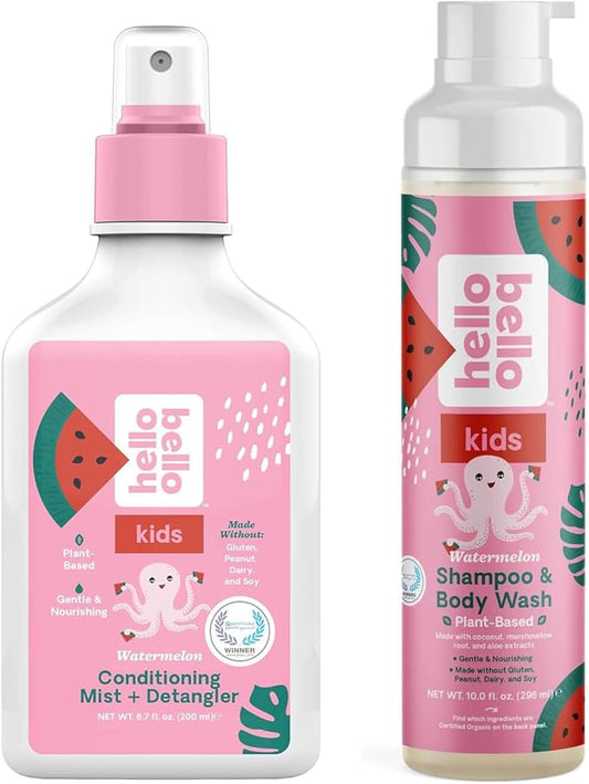 Hello Bello Watermelon Tear-Free Shampoo & Body Wash - 10 FL Oz + Conditioning Mist + Detangler, Hypoallergenic & Non-Greasy Leave-in Conditioning Spray 6.7oz