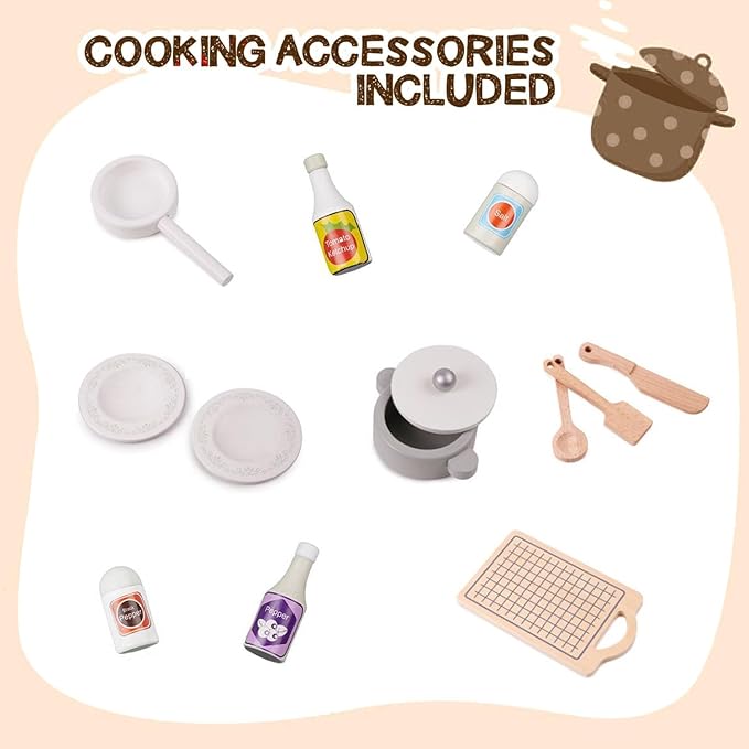 Wooden Play Kitchen, Kids Toy Kitchen Cooking Set, Kids Play Kitchen Pretend Play Set, Pretend Kitchen Playset for Toddlers Boys and Girls 3-7+