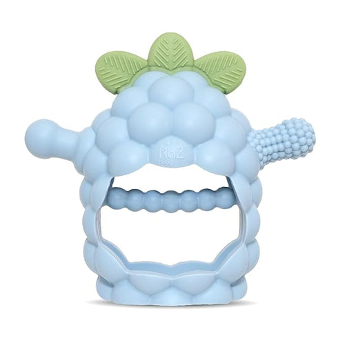 RaZbaby RaZberry Grip Silicone Teether Toy for 3M+ | Drop Resistant Hand Held Teether for Babies and Infants - Designed by Nature with Our Patented BerryBumps Multitextured Design 3M+, Blue