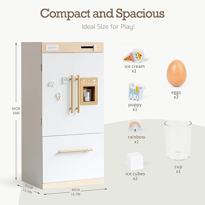 Wooden Play Kitchen Fridge with Ice Maker – Pretend Refrigerator for Kids & Toddlers, Play Refrigerator Appliance Toy for Ages 3+, Perfect Play Kitchen Fridge for Boys & Girls