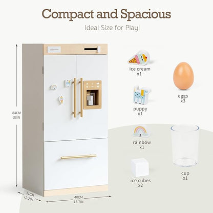 Wooden Play Kitchen Fridge with Ice Maker – Pretend Refrigerator for Kids & Toddlers, Play Refrigerator Appliance Toy for Ages 3+, Perfect Play Kitchen Fridge for Boys & Girls
