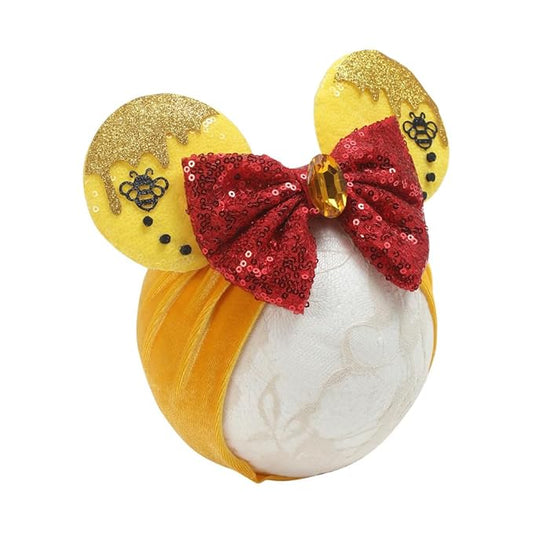 JIAHANG Baby Girl Mouse Ears Turban Headband with Bee, Yellow Sequin Bows Headwrap