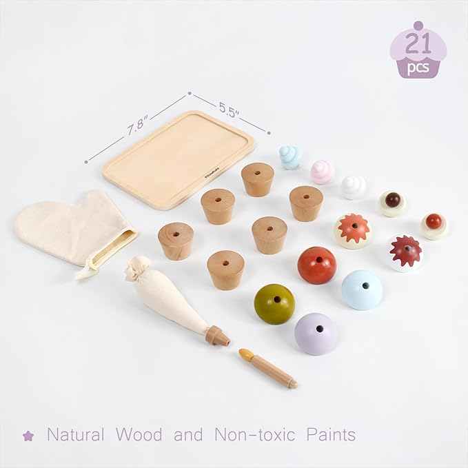 Wooden Cupcakes Toy,Kids Kitchen Playset,Pretend Play Food with Menu,Birthday Cake Toy for Toddlers Boys Girls Ages 3+