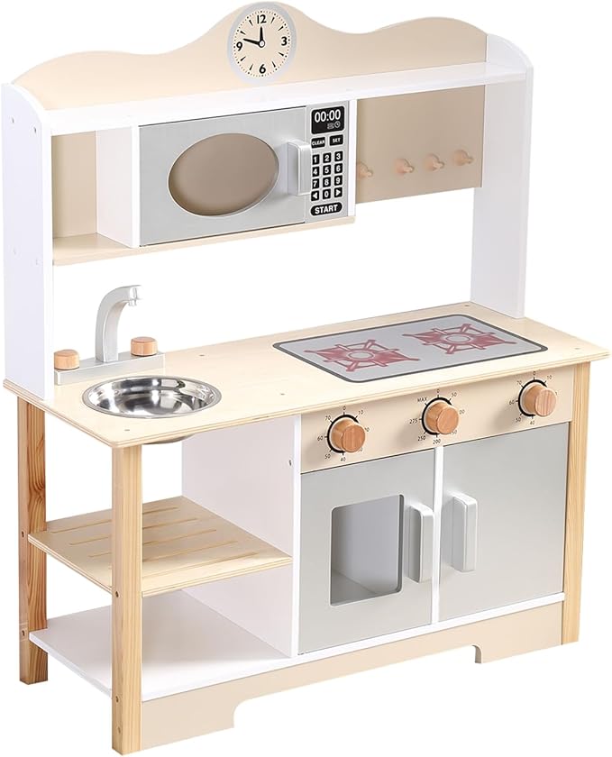 Wooden Play Kitchen, Kids Toy Kitchen Cooking Set, Kids Play Kitchen Pretend Play Set, Pretend Kitchen Playset for Toddlers Boys and Girls