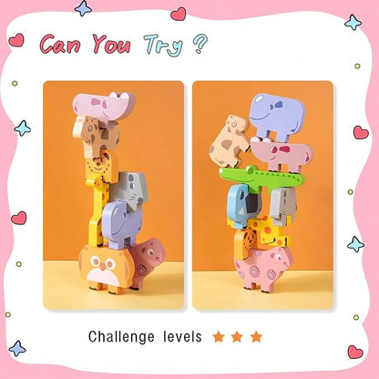 Toddler Toys Wooden Animal Blocks - Sorting & Stacking Montessori Toys for 3 4 Year Old Boys Girls, 10Pcs Wood Blocks with Storage Bag, Kids Educational Puzzle Balance Toys Birthday