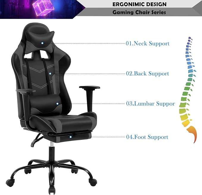 PC Gaming Chair Computer Chair PU Leather Recliner with Lumbar Support Headrest,High Back Racing Office Chair Video Gaming Chair Rolling Swivel Task Chair for Kids or Adults,Grey