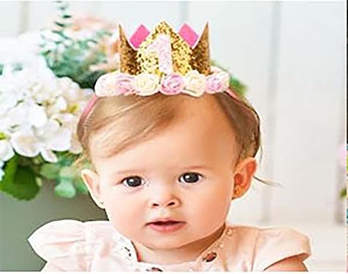 Baby's Rose Flowers Gold Sequins Birthday Crown Headband for Birthday