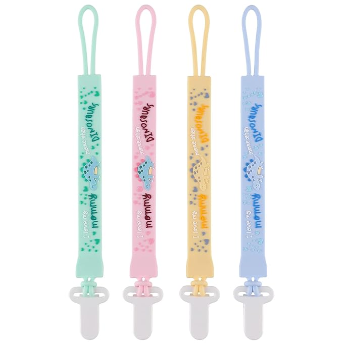 4-Pack Silicone Pacifier Clips with One-Piece Beads for Baby Boys and Girls - Flexible and Rust-Free Holders for Teething Relief and Baby Essentials, Safe for Newborns (Flat