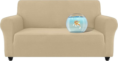 100% Waterproof Jacquard Fabric Couch Cover, Dual Layer with TPU Film, Leakproof High Elasticity Non-Slip Washable Furniture Protector for Pets, Dogs, Cats and Kids (Loveseat,Natural Color)