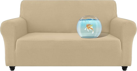 100% Waterproof Jacquard Fabric Couch Cover, Dual Layer with TPU Film, Leakproof High Elasticity Non-Slip Washable Furniture Protector for Pets, Dogs, Cats and Kids (Loveseat,Natural Color)
