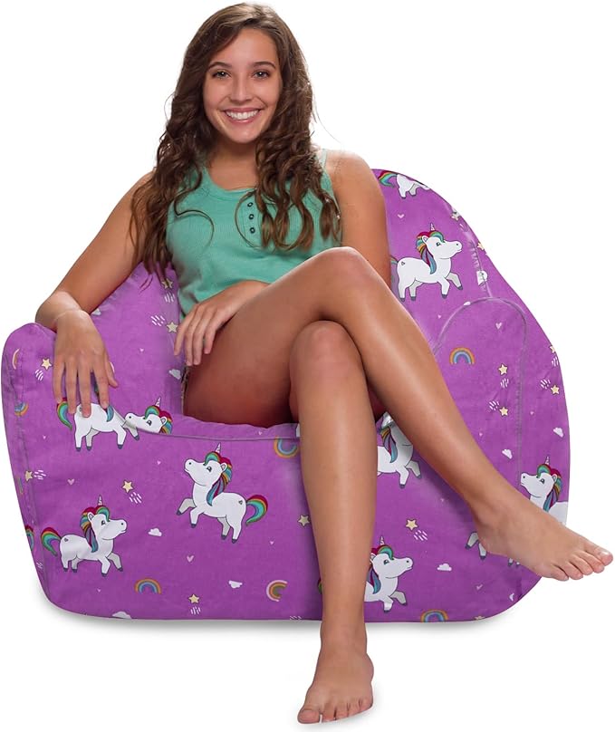 Posh Creations Bean Bag Chair Structured Seat for Kids, Teens and Adults, Comfy Bean Bag Chair for Gaming, Reading and Watching TV, Malibu Lounge Chair, Canvas - Unicorn and Rainbows on Purple