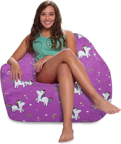 Posh Creations Bean Bag Chair Structured Seat for Kids, Teens and Adults, Comfy Bean Bag Chair for Gaming, Reading and Watching TV, Malibu Lounge Chair, Canvas - Unicorn and Rainbows on Purple