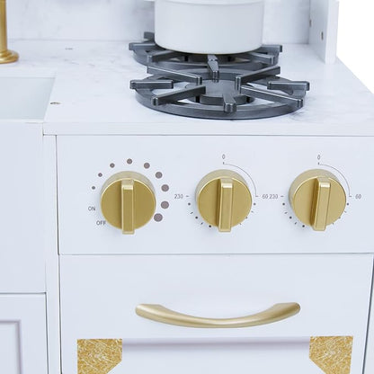 Teamson Kids Versailles Petite Classic Kids Wooden Interactive Play Kitchen, White with Faux White Marble and Gold