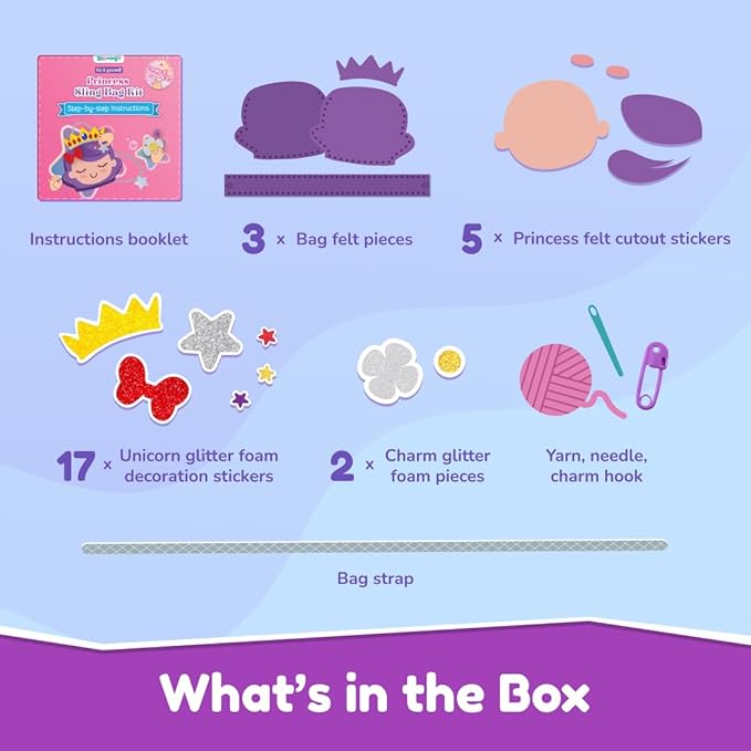 Bloomingo Art & Craft Kit - Princess Sling Bag: Fun Mess Free Arts & Craft Kit for Kids; Design Your Own Magical DIY Craft Bag; Birthday Gift for Girls & Boys Multicolor